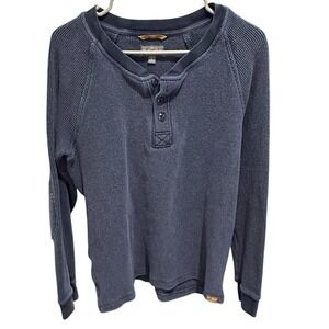 LL Bean Signature Henley Slim Fit Waffle Knit Thermal Elbow Patch Blue Mens L